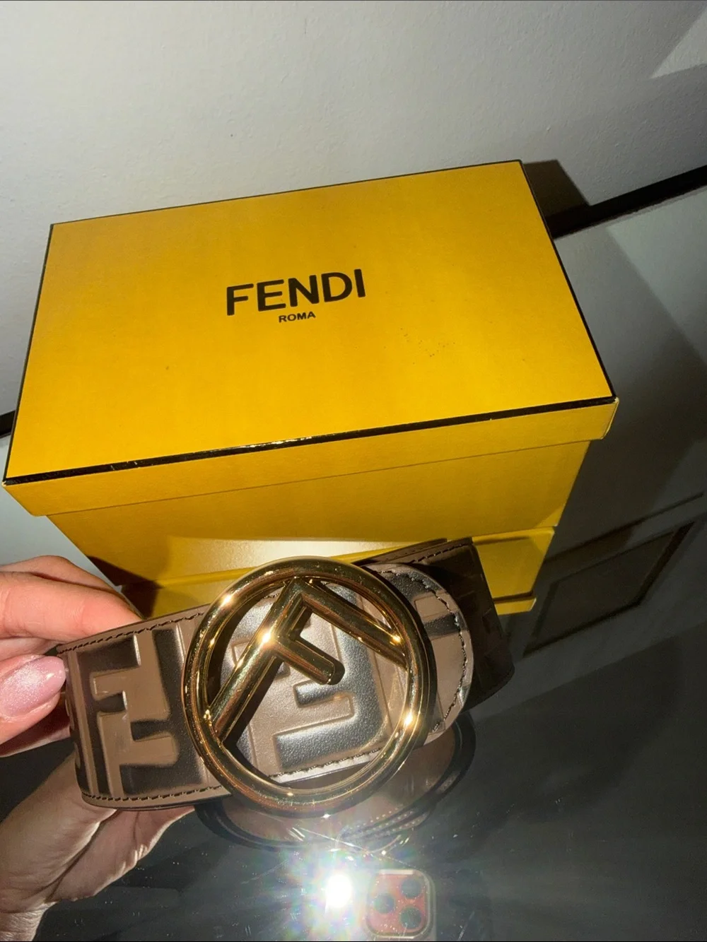 Fendi Brown Zucca Logo Belt with Gold F Buckle
